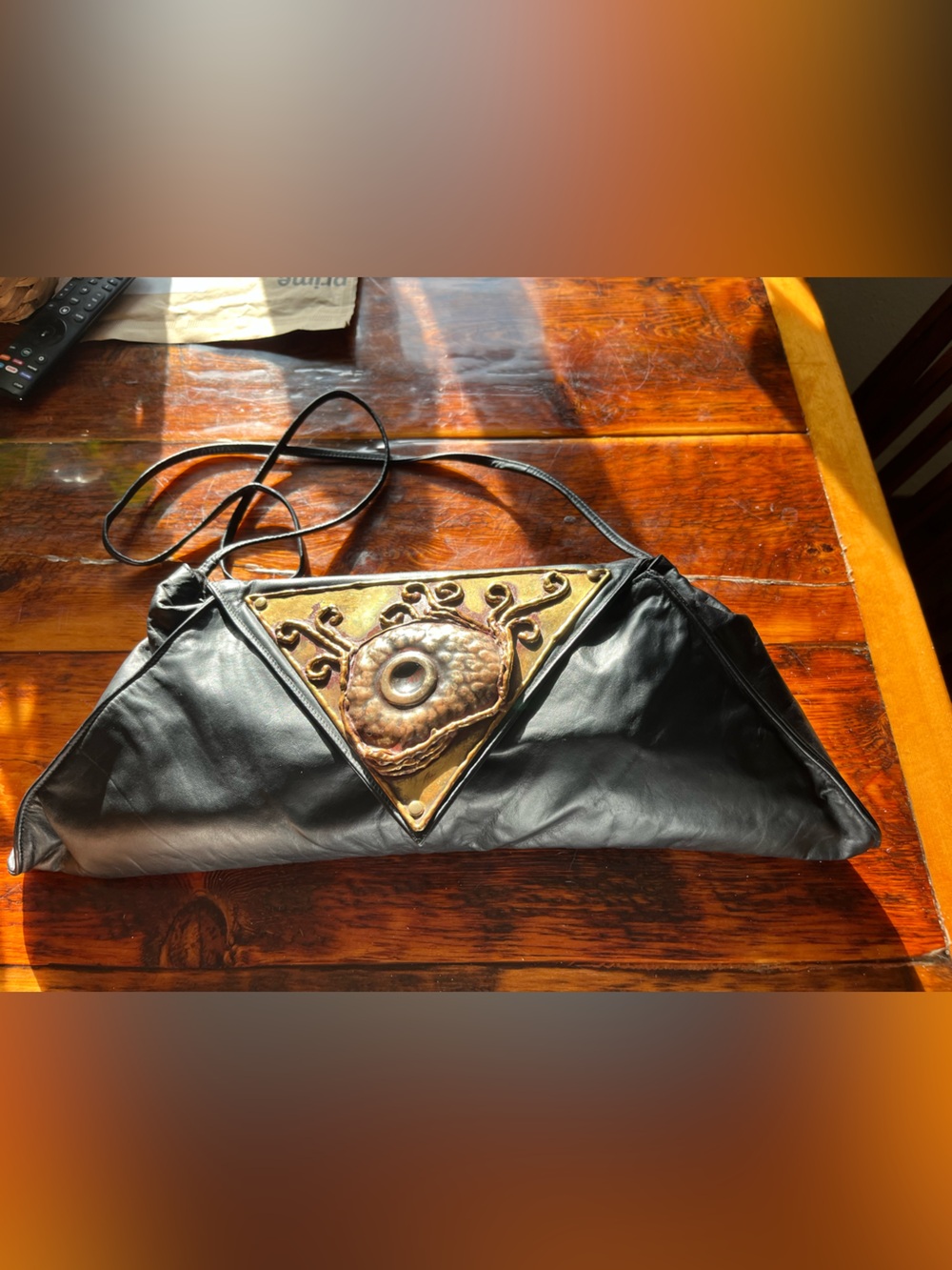 Black Leather  shoulder/ crossbody purse with Decorative Brass/ copper Medallion